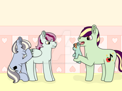 Size: 1024x768 | Tagged: safe, artist:raventhatflieshigh, oc, oc only, oc:bel canto, oc:falsetto fallout, oc:holly-hay carol, oc:pristine melody, earth pony, pegasus, pony, unicorn, baby, baby pony, female, kindverse, magical lesbian spawn, male, mother and child, mother and daughter, mother and son, offspring, offspring's offspring, parent and child, parent:applejack, parent:coloratura, parent:oc:cursive quill, parent:oc:pristine melody, parent:oc:turquoise edge, parents:oc x oc, parents:rarajack