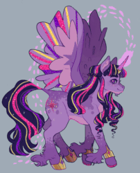 Size: 526x650 | Tagged: safe, artist:forestfolke, twilight sparkle, twilight sparkle (alicorn), alicorn, classical unicorn, pony, unicorn, alternate hairstyle, animated, beard, braid, cloven hooves, colored wings, dappled, dither strobe, dock, facial hair, female, glitter, glowing horn, gray background, horn ring, jewelry, leonine tail, looking at you, looking sideways, mare, rainbow power, regalia, simple background, smiling, solo, sparkles, spread wings, unshorn fetlocks, wings