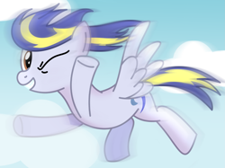 Size: 2643x1982 | Tagged: safe, artist:toyminator900, oc, oc only, oc:huracata, pegasus, pony, cloud, flying, gritted teeth, one eye closed, sky, solo, waving, wink