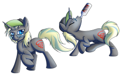 Size: 2800x1700 | Tagged: safe, artist:elmutanto, oc, oc:downward spiral, pony, unicorn, alcohol, blonde, blonde hair, gray, gray coat, kinkhorse was here, male, stallion