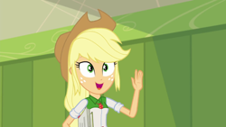 Size: 1280x720 | Tagged: safe, screencap, applejack, eqg summertime shorts, equestria girls, monday blues, applejack's hat, canterlot high, cowboy hat, female, freckles, geode of super strength, hat, lockers, magical geodes