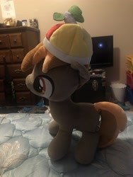 Size: 3024x4032 | Tagged: safe, artist:undeadponysoldier, photographer:undeadponysoldier, button mash, pony, bed, colt, drawer, foal, hat, irl, male, photo, plushie, solo, television, trash can