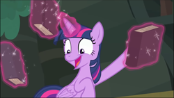 Size: 1369x771 | Tagged: safe, screencap, twilight sparkle, twilight sparkle (alicorn), alicorn, better together, equestria girls, forgotten friendship, book, cropped, excited, glowing horn, levitation, magic, open mouth, solo, telekinesis, wide eyes