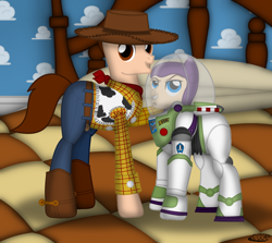 Size: 868x774 | Tagged: safe, artist:99999999000, pony, bed, bedroom, buzz lightyear, disney, pixar, ponified, toy story, woody