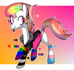 Size: 1467x1384 | Tagged: safe, artist:anyazen, oc, oc only, oc:pastel cloud (angel), angel, angel pony, original species, pegasus, pony, bisexual pride flag, blank flank, clothes, ear piercing, earring, eyebrow piercing, gay pride flag, halo, hoodie, jewelry, mismatched socks, nonbinary, piercing, pride, pride month, rainbow socks, raised hoof, reference sheet, socks, solo, straight pride flag, striped socks, tongue out, tongue piercing, transgender pride flag