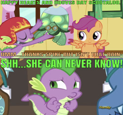 Size: 640x599 | Tagged: safe, edit, edited screencap, editor:undeadponysoldier, screencap, scootaloo, spike, tank, dragon, pegasus, pony, tortoise, just for sidekicks, princess spike (episode), caption, discovery family logo, female, filly, hearts and hooves day, helmet, image macro, implied rainbow dash, male, present, scootaspike, secret, shipping, shush, spread wings, straight, text, thief, wings