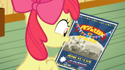 Size: 1600x900 | Tagged: safe, screencap, apple bloom, pony, growing up is hard to do, advertisement, banner, black and white, ferris wheel, grayscale, happy, indoors, monochrome, poster, solo