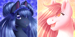 Size: 1280x634 | Tagged: safe, artist:sadelinav, oc, oc only, oc:leijona, oc:misty, oc:misty mountain, pegasus, pony, sphinx, bust, fangs, female, mare, portrait