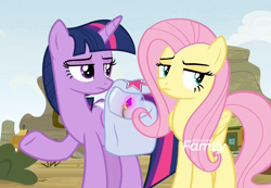 Size: 1114x770 | Tagged: safe, derpibooru import, screencap, fluttershy, twilight sparkle, twilight sparkle (alicorn), alicorn, pegasus, pony, growing up is hard to do, duo, flower, fluttershy is not amused, saddle bag, twilight is not amused, unamused, wishing flower