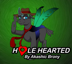 Size: 2452x2200 | Tagged: safe, artist:sword-of-akasha, oc, oc only, oc:amorpheus, changeling, fanfic:hole hearted, changeling oc, fanfic art, gradient background, hat, male, necktie, salute, solo