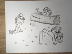 Size: 4032x3024 | Tagged: safe, artist:stink111, apple bloom, scootaloo, sweetie belle, apple, cutie mark crusaders, food, this will end in pain, this will end in tears, this will not end well, traditional art, william tell