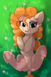 Size: 1000x1500 | Tagged: safe, artist:php97, pear butter, earth pony, pony, blushing, chest fluff, cute, dappled sunlight, dock, featureless crotch, female, frog (hoof), grass, hooves to the chest, looking at you, mare, on back, pearabetes, shadow, solo, underhoof