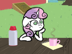 Size: 1600x1200 | Tagged: safe, artist:hopefulsparks, sweetie belle, pony, unicorn, ponyville confidential, cup, detailed background, drink, exploitable meme, female, filly, flask, meme, notepad, scene interpretation, solo, sudden clarity sweetie belle