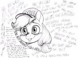 Size: 2048x1536 | Tagged: safe, artist:verulence, derpibooru import, applejack, earth pony, pony, black and white, bust, cap, dialogue, grayscale, hairband, hat, monochrome, retail, solo, text