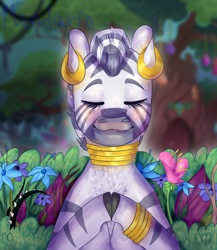 Size: 1300x1500 | Tagged: safe, artist:silviaandart, zecora, zebra, bracelet, ear piercing, earring, everfree forest, eyes closed, female, flower, forest, hooves together, jewelry, mare, neck rings, piercing, poison joke, quadrupedal, smiling, solo, zecora's hut