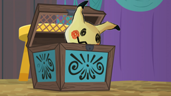 Size: 1672x942 | Tagged: safe, edit, edited screencap, screencap, pony, growing up is hard to do, box, mimikyu, pokémon