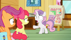 Size: 1600x900 | Tagged: safe, screencap, apple bloom, scootaloo, sweetie belle, pony, growing up is hard to do, bar chart, chart, clubhouse, crate, crusaders clubhouse, cutie mark crusaders, easel, grid, pie chart, saddle bag, window