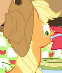 Size: 914x1080 | Tagged: safe, derpibooru import, screencap, applejack, big macintosh, earth pony, pony, growing up is hard to do, cropped, food, mouth hold, solo focus, soup, spoon