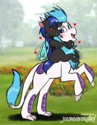 Size: 793x1024 | Tagged: safe, artist:jcosneverexisted, oc, oc only, oc:ketten moon, oc:swift dawn, changeling, kirin, pony, blue changeling, blue eyes, blushing, colt, doodle, eyes closed, hug, looking back, male, patreon, ponies riding ponies, rearing, standing