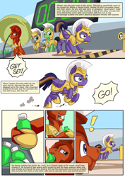 Size: 751x1063 | Tagged: safe, artist:mysticalpha, oc, oc only, oc:bright blaze, oc:captain sunride, oc:cloud zapper, oc:meteor sparkle, pegasus, pony, unicorn, comic:cloud zapper and the helm of chaos, armor, comic, female, male, mare, royal guard, royal guard armor, stallion