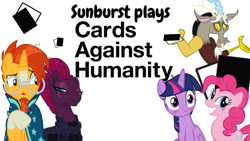 Size: 1280x720 | Tagged: safe, artist:ivoryspark, artist:mrkat7214, artist:wubcakeva, derpibooru import, discord, pinkie pie, sunburst, tempest shadow, twilight sparkle, twilight sparkle (alicorn), alicorn, earth pony, pony, cards against humanity, simple background, sunburst plays, thumbnail, white background, wubcake