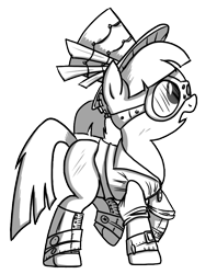 Size: 756x954 | Tagged: safe, artist:petirep, oc, oc only, oc:master engineer chet, earth pony, pony, black and white, buck legacy, card art, clothes, coat, female, goggles, grayscale, hat, mare, monochrome, ponytail, solo, steampunk, top hat