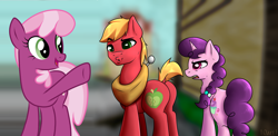 Size: 2000x976 | Tagged: safe, artist:10art1, artist:prismaticstars, edit, big macintosh, cheerilee, sugar belle, earth pony, pony, unicorn, butt, cheerimac, distracted boyfriend meme, female, implied sugarmac, male, meme, plot, shipping, straight