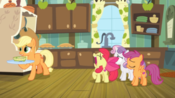 Size: 1600x900 | Tagged: safe, derpibooru import, screencap, apple bloom, applejack, scootaloo, sweetie belle, earth pony, pony, growing up is hard to do, bowl, cabinet, complaining, cup, curtains, cutie mark crusaders, faic, food, jar, kitchen, plate, plates, sad, sink, soup, stove, window