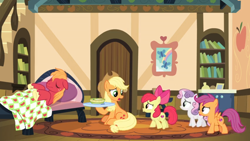 Size: 1600x900 | Tagged: safe, derpibooru import, screencap, apple bloom, applejack, big macintosh, scootaloo, sweetie belle, butterfly, earth pony, pony, growing up is hard to do, blanket, book, bookshelf, bowl, carpet, cutie mark crusaders, door, food, picture frame, pillow, plate, pouting, rainbow, rug, shelf, sick, sofa, soup, spoon