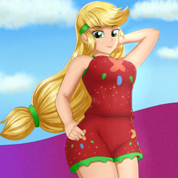 Size: 2000x2000 | Tagged: safe, artist:focusb, applejack, human, better together, equestria girls, spring breakdown, applerack, arm behind head, body freckles, breasts, clothes, female, freckles, humanized, looking at you, solo