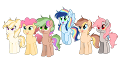 Size: 5318x2562 | Tagged: safe, artist:thesmall-artist, oc, oc only, earth pony, hybrid, pegasus, pony, female, interspecies offspring, male, mare, offspring, parent:applejack, parent:caramel, parent:cheese sandwich, parent:discord, parent:fluttershy, parent:pinkie pie, parent:rainbow dash, parent:rarity, parent:soarin', parent:timber spruce, parent:trenderhoof, parent:twilight sparkle, parents:carajack, parents:cheesepie, parents:discoshy, parents:soarindash, parents:timbertwi, parents:trenderity, simple background, stallion, transparent background