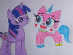 Size: 2669x2022 | Tagged: safe, artist:longhairedlioness, twilight sparkle, unicorn twilight, pony, unicorn, crossover, lego, tara strong, the lego movie, traditional art, unikitty, voice actor joke