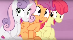 Size: 2880x1576 | Tagged: safe, screencap, apple bloom, scootaloo, sweetie belle, earth pony, pegasus, pony, unicorn, growing up is hard to do, adorabloom, adult, cute, cutealoo, cutie mark, cutie mark crusaders, diasweetes, female, mare, older, older apple bloom, older cmc, older scootaloo, older sweetie belle, open mouth, raised hoof, sitting, smiling, the cmc's cutie marks