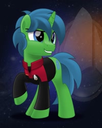 Size: 799x1000 | Tagged: safe, artist:jhayarr23, oc, oc:alope ruby aspendale, pony, unicorn, blue eyes, blue mane, green fur, male, solo, space, star trek, star trek: picard, starfleet