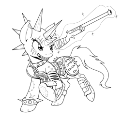 Size: 2000x2000 | Tagged: safe, artist:demon-keychain, oc, oc only, pony, unicorn, fallout equestria, armor, eye scar, glowing horn, grin, gun, horn, lineart, magic, monochrome, raider, raised hoof, scar, simple background, smiling, telekinesis, unicorn oc, weapon, white background