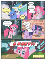 Size: 612x792 | Tagged: safe, artist:newbiespud, derpibooru import, edit, edited screencap, screencap, pinkie pie, twilight sparkle, unicorn twilight, earth pony, pony, unicorn, comic:friendship is dragons, friendship is magic, book, castle of the royal pony sisters, comic, dialogue, eyes closed, golden oaks library, screencap comic