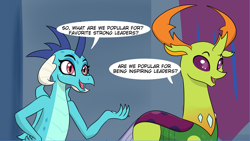 Size: 4481x2533 | Tagged: safe, artist:chedx, princess ember, thorax, changedling, changeling, dragon, comic:griffonstone's new ambassador, dragoness, excited, female, king thorax, male, smiling