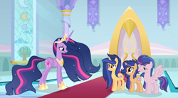 Size: 4612x2555 | Tagged: safe, artist:velveagicsentryyt, princess twilight 2.0, twilight sparkle, twilight sparkle (alicorn), oc, oc:galaxy swirls, oc:starbreaker, oc:velvet sentry, alicorn, pegasus, pony, unicorn, the last problem, female, male, mare, offspring, parent:flash sentry, parent:twilight sparkle, parents:flashlight, stallion