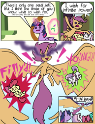 Size: 2550x3300 | Tagged: safe, artist:oneovertwo, apple bloom, scootaloo, spur, sweetie belle, twilight sparkle, twilight sparkle (alicorn), alicorn, earth pony, pegasus, pony, unicorn, growing up is hard to do, age regression, alicornified, bad end, comic, exclamation point, flower, impossibly large wings, large wings, laughing, magic, race swap, rational fic bait, scootacorn, scootaloo can fly, wings, wishing flower, xk-class end-of-the-world scenario