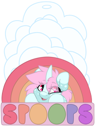 Size: 1800x2400 | Tagged: safe, artist:spoopygander, oc, oc only, oc:scoops, pony, unicorn, badge, cloud, coat markings, con badge, cute, eyebrows, eyelashes, female, freckles, happy, looking at you, looking up, mare, open mouth, rainbow, smiling, solo, text