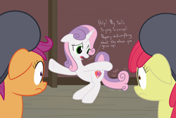 Size: 2400x1600 | Tagged: safe, artist:mightyshockwave, apple bloom, scootaloo, sweetie belle, growing up is hard to do, animation error, concerned, cutie mark, hat, older, older apple bloom, older cmc, older scootaloo, older sweetie belle, tail, the cmc's cutie marks