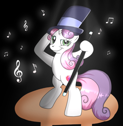 Size: 2048x2090 | Tagged: safe, artist:doraeartdreams-aspy, sweetie belle, earth pony, pony, growing up is hard to do, being big is all it takes, bipedal, cane, dancing, female, happy, hat, smiling, solo, spotlight, tap dancing, top hat