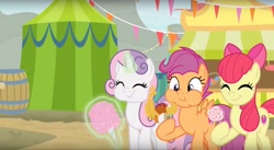 Size: 2880x1574 | Tagged: safe, screencap, apple bloom, scootaloo, sweetie belle, growing up is hard to do, aweeg*, candy, caramel apple (food), carrot, carrot dog, chewing, cotton candy, cropped, cute, cutie mark, cutie mark crusaders, deep fried, eating, eyes closed, food, glowing horn, hoof hold, horn, levitation, lollipop, magic, older, older apple bloom, older cmc, older scootaloo, older sweetie belle, puffy cheeks, smiling, snacks, telekinesis, the cmc's cutie marks, trio