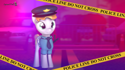 Size: 1920x1080 | Tagged: safe, artist:spinostud, copper top, pony, 3d, baton, city, clothes, female, hat, looking at you, mare, police, police car, police line, police officer, police pony, police uniform, road, roadblock, solo, source filmmaker, standing, uniform