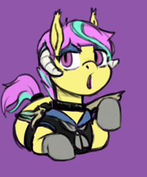 Size: 2500x3000 | Tagged: safe, artist:tacodeltaco, oc, oc:star shower, bat pony, pony, succubus, bat pony oc, clothes, eyeshadow, female, horns, jewelry, lipstick, makeup, mare, necklace, purple background, school uniform, simple background, socks, tail wrap