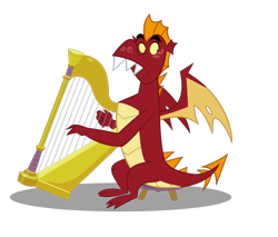 Size: 900x765 | Tagged: safe, artist:queencold, garble, dragon, blushing, embarrassed, harp, musical instrument, simple background, solo, stool, teenaged dragon, transparent background