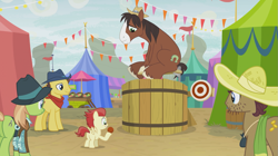 Size: 1273x714 | Tagged: safe, screencap, bandana baldwin, beuford, high stakes, trouble shoes, yuma spurs, pony, growing up is hard to do, appleloosa resident, clothes, colt, cowboy hat, dunk tank, female, hat, male, mare, skyquake (pony), stallion