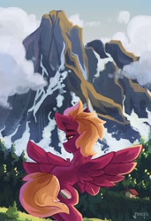 Size: 1600x2334 | Tagged: safe, artist:saxopi, oc, oc only, pegasus, pony, cloud, detailed background, mountain, pegasus oc, scenery, solo, spread wings