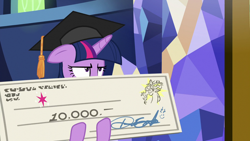 Size: 1920x1080 | Tagged: safe, screencap, discord, twilight sparkle, twilight sparkle (alicorn), alicorn, pony, the beginning of the end, check, giant check, graduation cap, hat, signature, written equestrian