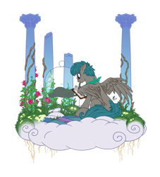 Size: 1280x1412 | Tagged: safe, artist:hexfloog, oc, oc only, oc:vanguard velocity, pegasus, pony, clipboard, cloud, commission, flower, glass case, glasses, mouth hold, pen, pillar, research, sitting, solo, wip